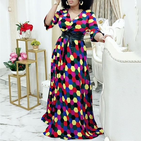 African Women Dress Geometric Print With Leather Belt Elegant V-Neck High Waist Long Party Robe Femme 3/4 Sleeves Maxi Vestidos
African Women Dress Geometric Print With Leather Belt Elegant V-Neck High Waist Long Party Robe Femme 3/4 Sleeves Maxi Vestidos