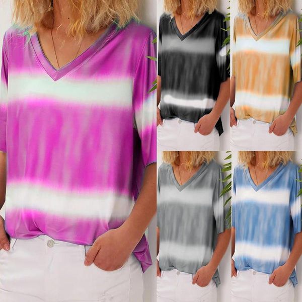 women's t-shirt women v-neck gradient stripes tunic pullover short sleeve streetwear oversized loose clothing, White
women's t-shirt women v-neck gradient stripes tunic pullover short sleeve streetwear oversized loose clothing, White