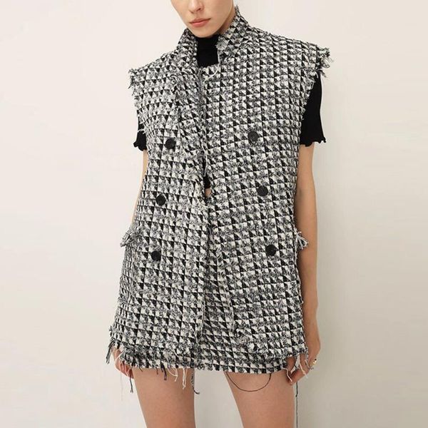 women spring plaid blazer vests coats sleeveless tassel double breasted vintage female casual loose waistcoats outerwear women's, Black;white
women spring plaid blazer vests coats sleeveless tassel double breasted vintage female casual loose waistcoats outerwear women's, Black;white