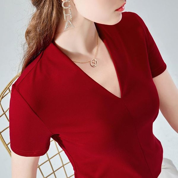 women's t-shirt summer clothes for women 2021 office fashion elegant low cut deep v short sleeve t shirt cotton tight solid color top, White
women's t-shirt summer clothes for women 2021 office fashion elegant low cut deep v short sleeve t shirt cotton tight solid color top, White