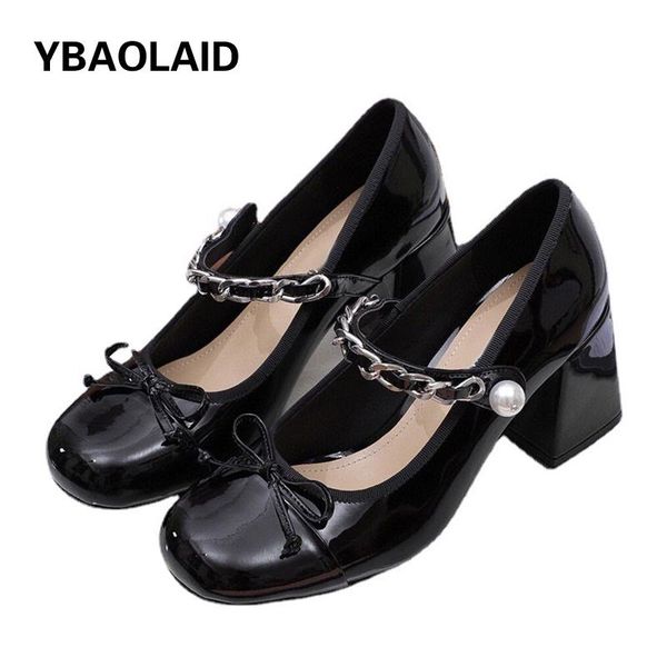 dress shoes vintage pearl buckle chain thick heel high mary jane 2021 patent leather bowknot mixed color pumps, Black
dress shoes vintage pearl buckle chain thick heel high mary jane 2021 patent leather bowknot mixed color pumps, Black