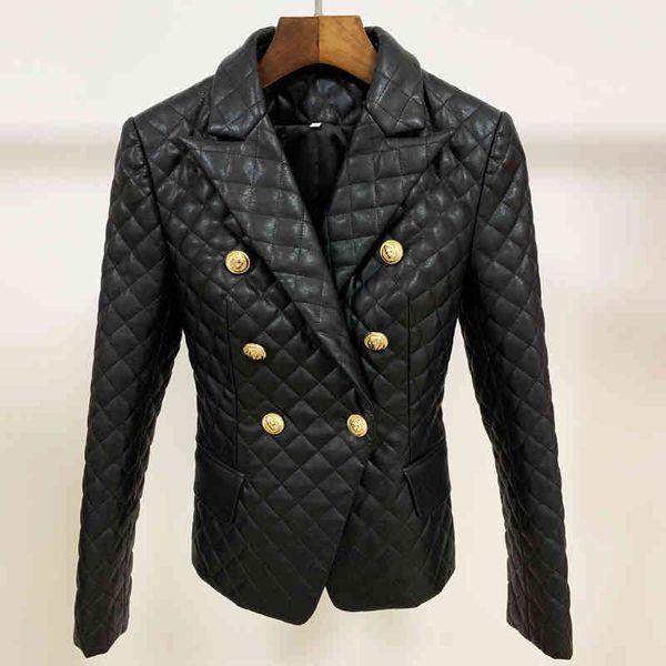 designer jacket women's double breasted lion buttons grid sewing synthetic leather blazer 201009, White;black
designer jacket women's double breasted lion buttons grid sewing synthetic leather blazer 201009, White;black