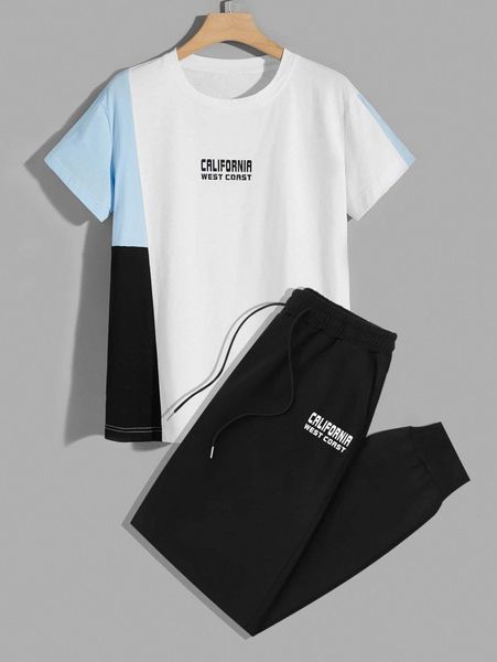 men letter graphic contrast panel tee & drawstring waist sweatpants p9lt#, Gray
men letter graphic contrast panel tee & drawstring waist sweatpants p9lt#, Gray