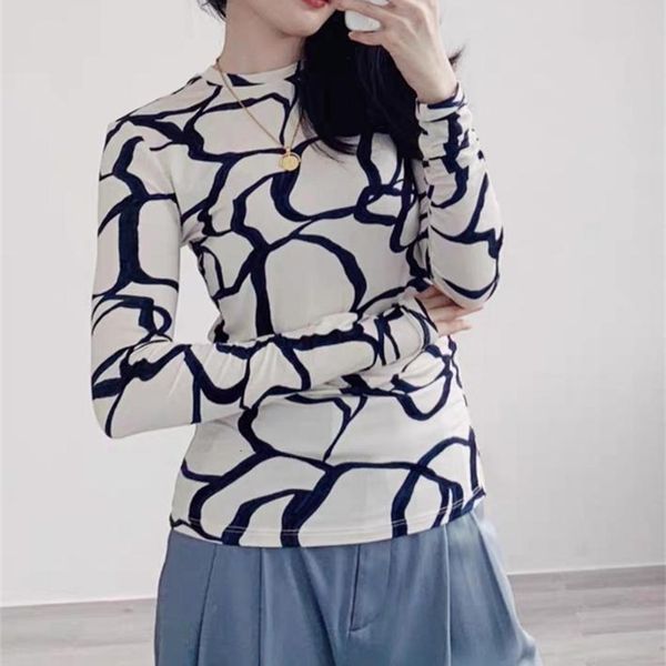 women's t-shirt abstract line print women long sleeve round neck slim wild lady bottoming shirt, White
women's t-shirt abstract line print women long sleeve round neck slim wild lady bottoming shirt, White