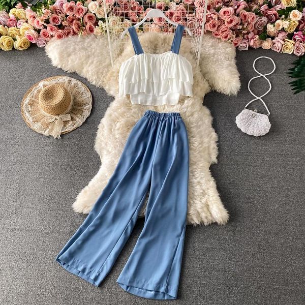 seaside holiday style short ruffled camisole two-piece suit summer high-waist wide-leg pants women's 459 two piece, White
seaside holiday style short ruffled camisole two-piece suit summer high-waist wide-leg pants women's 459 two piece, White