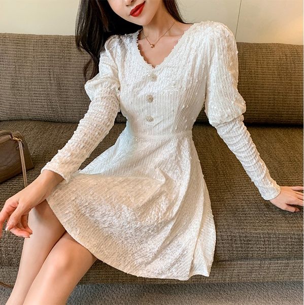 arrive spring elegant puff sleeve mini dress women v neck buttons high waist draped solid lace embroidery dress 210514, Black;gray
arrive spring elegant puff sleeve mini dress women v neck buttons high waist draped solid lace embroidery dress 210514, Black;gray