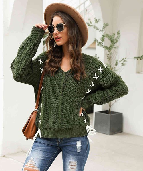 fashion sweater fine woolen autumn and winter 2021 casual pullover round neck cross tie women's loose knit, White;black
fashion sweater fine woolen autumn and winter 2021 casual pullover round neck cross tie women's loose knit, White;black