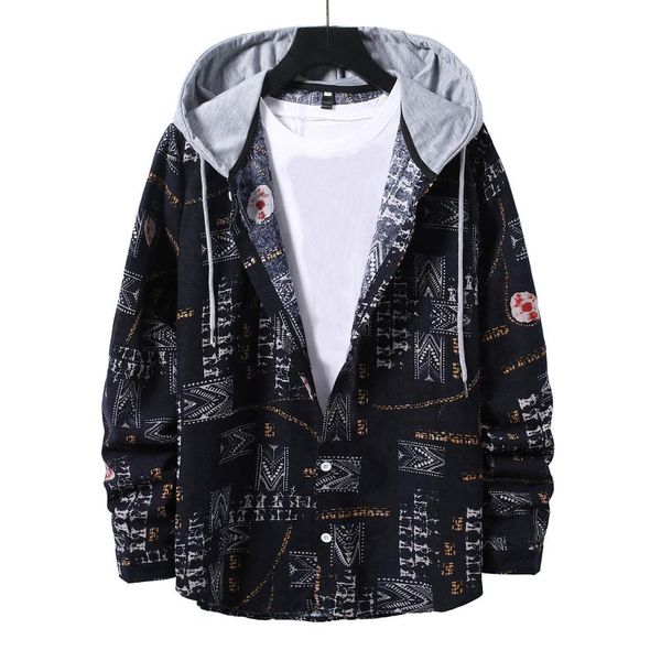 men's casual shirts print long shirt breasted single hooded sleeve drawstring men, White;black
men's casual shirts print long shirt breasted single hooded sleeve drawstring men, White;black
