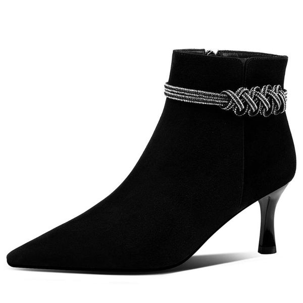 boots women's natural suede leather thin high heel pointed toe autumn ankle crystal buckle eelgant ladies evening dress shoes, Black
boots women's natural suede leather thin high heel pointed toe autumn ankle crystal buckle eelgant ladies evening dress shoes, Black
