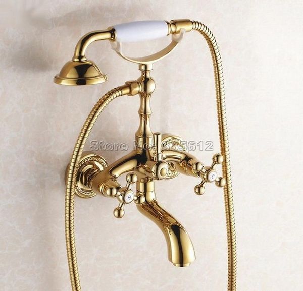 gold color brass bathroom wall mounted dual cross handles bathtub mixer tap with handheld shower head faucets wtf082 sets
gold color brass bathroom wall mounted dual cross handles bathtub mixer tap with handheld shower head faucets wtf082 sets
