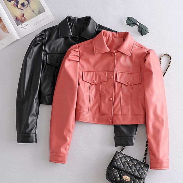 women's leather & faux women high street pu cropped moto bike jacket puff long sleeve pockets coat turn down collar short jackets, Black
women's leather & faux women high street pu cropped moto bike jacket puff long sleeve pockets coat turn down collar short jackets, Black