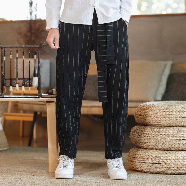 srriped loose ankle-length linen cotton pants men summer elastic drawstring waist vintage casual high street trousers men's, Black 
srriped loose ankle-length linen cotton pants men summer elastic drawstring waist vintage casual high street trousers men's, Black