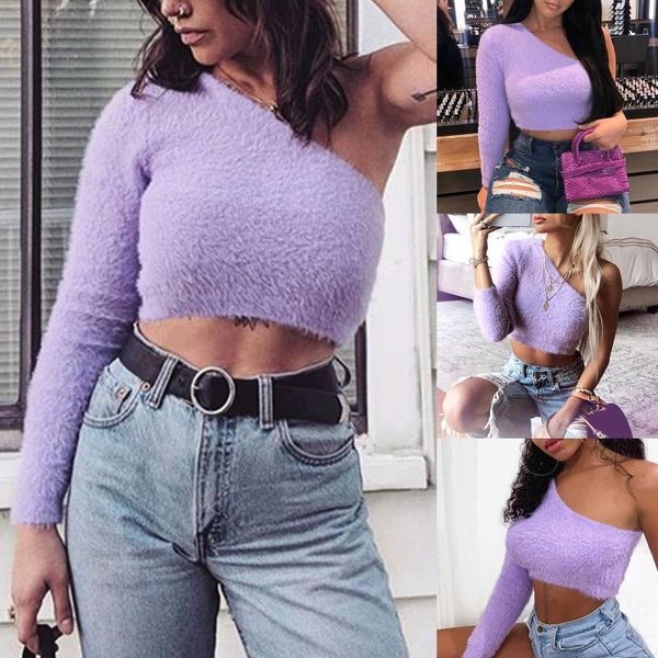 women's sweaters women one shoulder long sleeve fuzzy plush purple sweater crop slim fit asymmetric harajuku streetwear, White;black
women's sweaters women one shoulder long sleeve fuzzy plush purple sweater crop slim fit asymmetric harajuku streetwear, White;black
