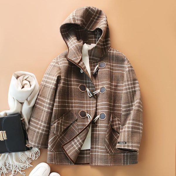 women's wool & blends temperament young plaid coat 2021 autumn winter ox horn buckle hooded double-sided tweed, Black
women's wool & blends temperament young plaid coat 2021 autumn winter ox horn buckle hooded double-sided tweed, Black