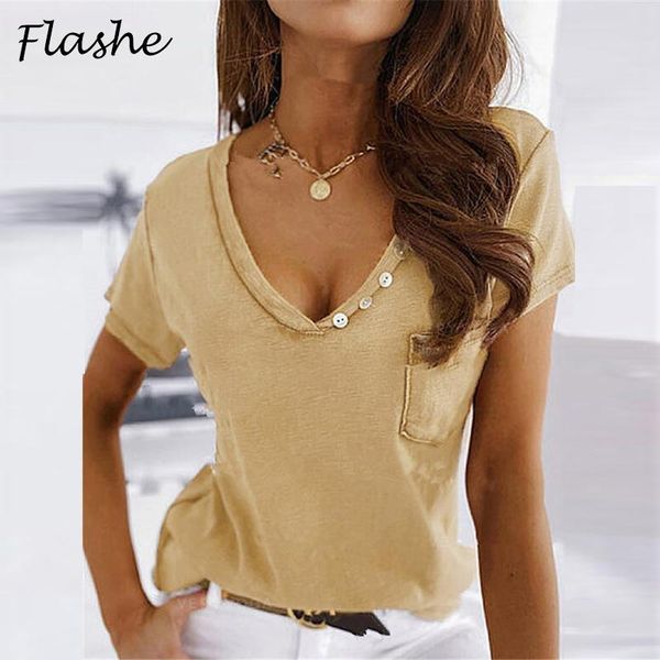 women's button decoration solid color v-neck short sleeve casual t-shirt european and american simple, White
women's button decoration solid color v-neck short sleeve casual t-shirt european and american simple, White