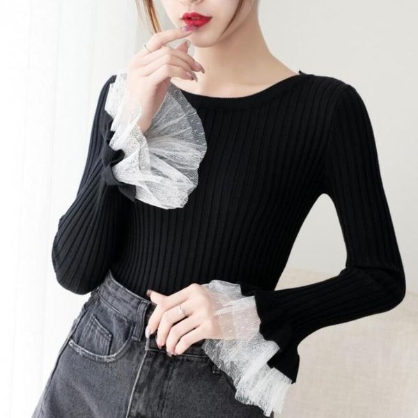 women's sweaters 2021 sweater women pullover knitted jumper flare long sleeve lace patchwork autumn winter girls female ladies pull fem, White;black
women's sweaters 2021 sweater women pullover knitted jumper flare long sleeve lace patchwork autumn winter girls female ladies pull fem, White;black