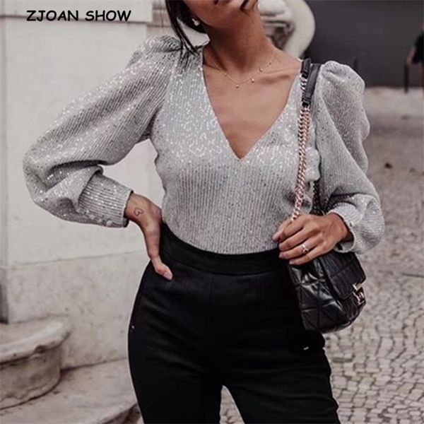 v neck stitching bright silver sequins long sleeve shirt elegant women summer puff sleeve pullover blouse 210429, White
v neck stitching bright silver sequins long sleeve shirt elegant women summer puff sleeve pullover blouse 210429, White