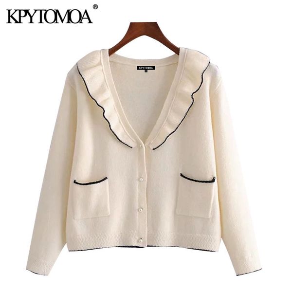 women sweet fashion ruffled cropped knitted cardigan sweater vintage long sleeve pocket female outerwear chic 210416, White;black
women sweet fashion ruffled cropped knitted cardigan sweater vintage long sleeve pocket female outerwear chic 210416, White;black