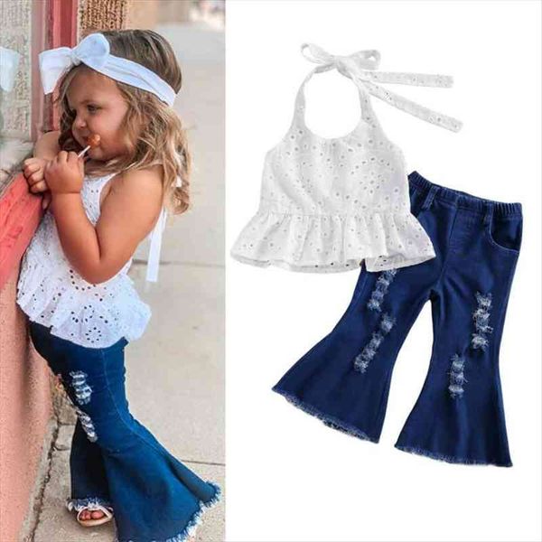kids baby girls clothes sets summer halter white lace vest ripped bell bottom denim pants jeans children outfits 1-6y
kids baby girls clothes sets summer halter white lace vest ripped bell bottom denim pants jeans children outfits 1-6y