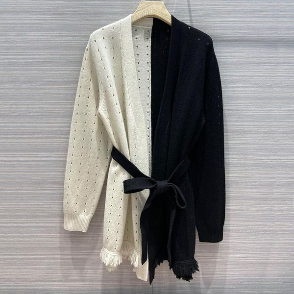 women's knits & tees contrast color chic cashmere knitted loose long cardigan women dot tassel tie waist high street sweater coa, White 
women's knits & tees contrast color chic cashmere knitted loose long cardigan women dot tassel tie waist high street sweater coa, White