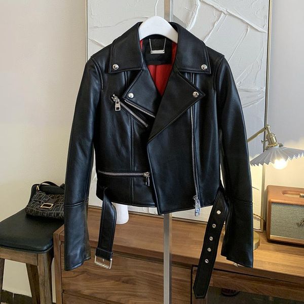 women's jackets black short motorcycle leather jacket 2021 autumn winter lamb versatile slim, Black;brown 
women's jackets black short motorcycle leather jacket 2021 autumn winter lamb versatile slim, Black;brown