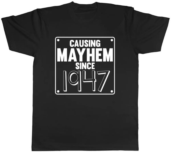 mens causing mayhem since 1947 birthday t-shirt, White;black
mens causing mayhem since 1947 birthday t-shirt, White;black