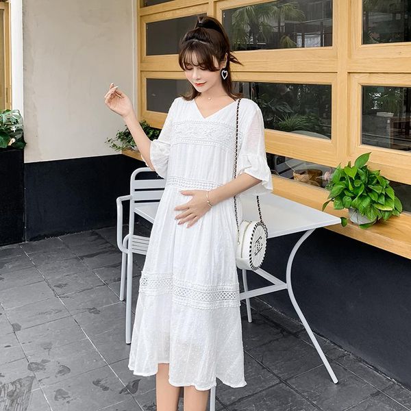 882# maternity clothes summer short sleeves v neck plain color loose midi dress pregnant women mom dresses, White
882# maternity clothes summer short sleeves v neck plain color loose midi dress pregnant women mom dresses, White