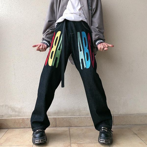 men's jeans high street retro colorful letter men and women straight loose casual denim trousers harajuku vibe style ripped jean pants, Blue
men's jeans high street retro colorful letter men and women straight loose casual denim trousers harajuku vibe style ripped jean pants, Blue