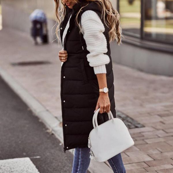 women's vests temperament quilted vest long hooded loose single-breasted pockets drawstring outwear, Black;white
women's vests temperament quilted vest long hooded loose single-breasted pockets drawstring outwear, Black;white