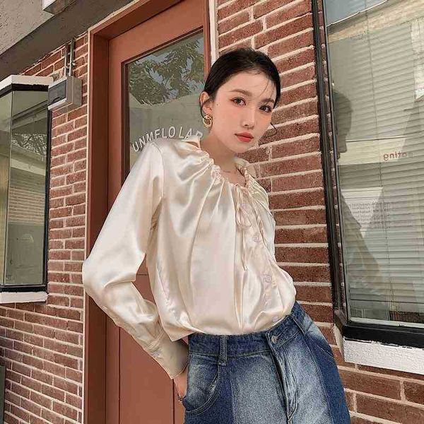women's knits & tees champagne satin blouse ruched drawstring button up long sleeve ladies korean spring fashion wom ewey, White
women's knits & tees champagne satin blouse ruched drawstring button up long sleeve ladies korean spring fashion wom ewey, White