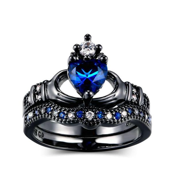 cluster rings wedding exquisite love design crown hand heart claddagh ring set black color blue cz crystal for women, Golden;silver
cluster rings wedding exquisite love design crown hand heart claddagh ring set black color blue cz crystal for women, Golden;silver