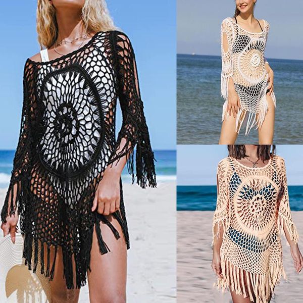 women's swimwear swimsuit crochet bikini cover up with fringe tassel women hollow tunic beach dress 2021 summer bathing suit beachwear, White;black
women's swimwear swimsuit crochet bikini cover up with fringe tassel women hollow tunic beach dress 2021 summer bathing suit beachwear, White;black