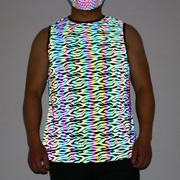 men' tank parklees zebra pattern rainbow reflective vest men summer casual loose laser sleeveless night sporting vests, White;black
men' tank parklees zebra pattern rainbow reflective vest men summer casual loose laser sleeveless night sporting vests, White;black