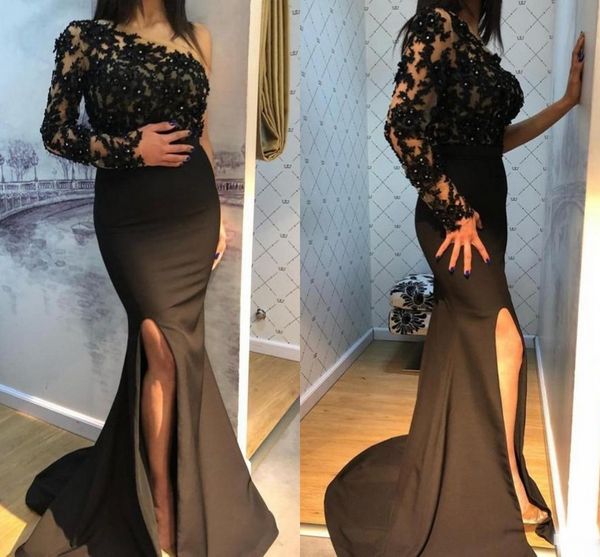 one shoulder long sleeves mermaid evening dresses party wear beaded appliques side split satin arabic prom gowns sweep train, Black;red
one shoulder long sleeves mermaid evening dresses party wear beaded appliques side split satin arabic prom gowns sweep train, Black;red