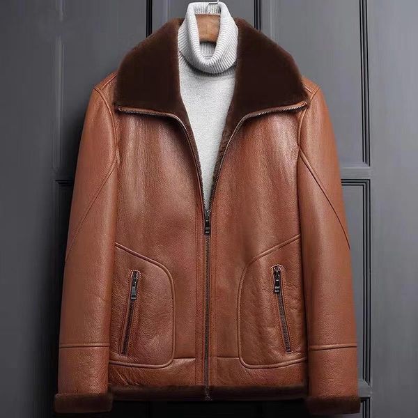 men's leather & faux winter mens sheep fur one motorcycle coat lapel genuine brown jacket men sheepskin shearling warm coats, Black
men's leather & faux winter mens sheep fur one motorcycle coat lapel genuine brown jacket men sheepskin shearling warm coats, Black