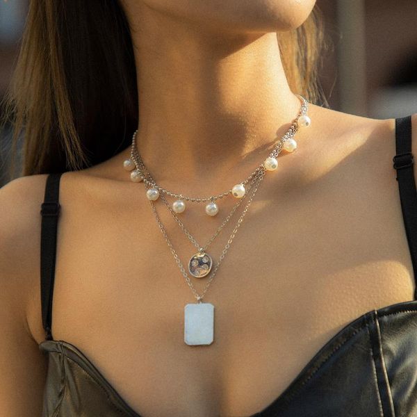 chains retro creative geometric tag imitation pearl necklace punk micro inlaid pendant european and american style jewelry, Silver
chains retro creative geometric tag imitation pearl necklace punk micro inlaid pendant european and american style jewelry, Silver