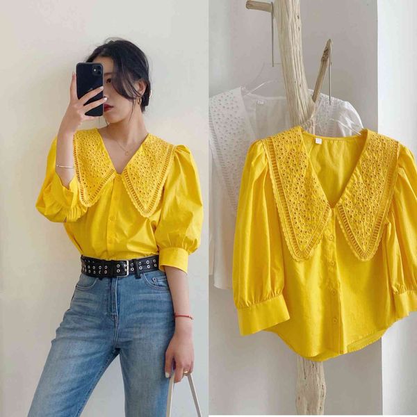 sweaters embroidery hollow out peter pan collar women's blouse lady 2021 summer puff sleeve single-breasted shirt and, White;black
sweaters embroidery hollow out peter pan collar women's blouse lady 2021 summer puff sleeve single-breasted shirt and, White;black