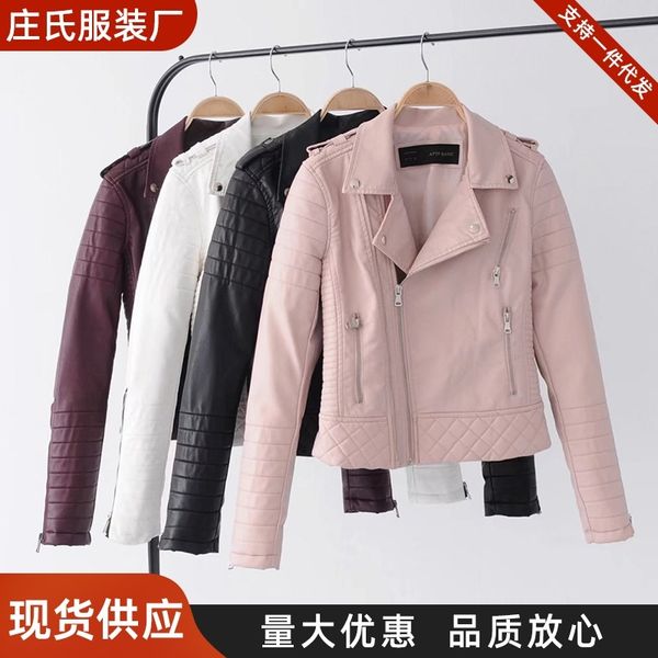 new lapel zipper leather solid color fashion women's jacket women's jacket, Black