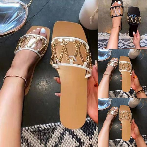 sandals classic designer 2021 women flat flip flops double chain sandal slippers shoes lady flats woman, Black