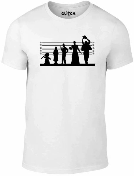 horror line mens t-shirt funny chainsaw crime line up scary halloween, White;black