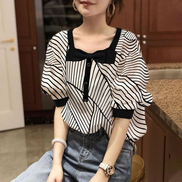 women's blouses & shirts vintage striped square collar women 2021 chic puff sleeve bow elegant korean hit color blusas mujer, White
women's blouses & shirts vintage striped square collar women 2021 chic puff sleeve bow elegant korean hit color blusas mujer, White