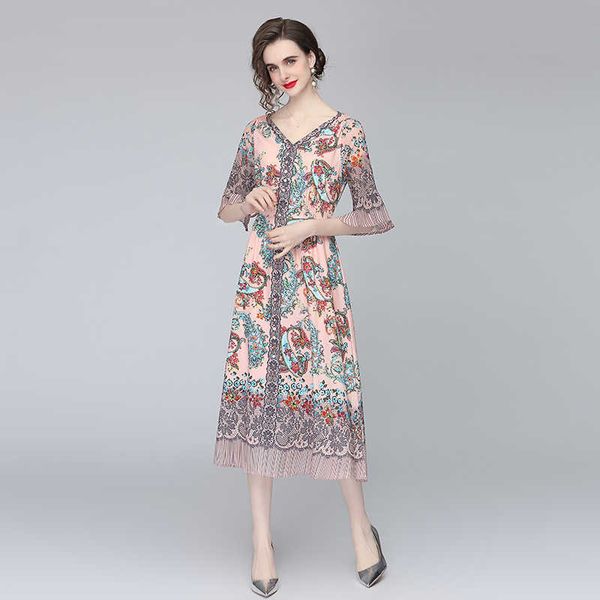 women summer designer elegant floral print dress pink casual party robe female vintage v neck flare sleeve dresses vestidos 210525, Black;gray
women summer designer elegant floral print dress pink casual party robe female vintage v neck flare sleeve dresses vestidos 210525, Black;gray