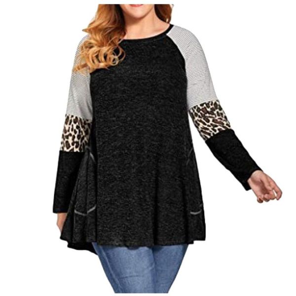 women's hoodies & sweatshirts plus size sweatshirt round neck leopard print stitching long sleeve loose oversized autumn winter casual, Black