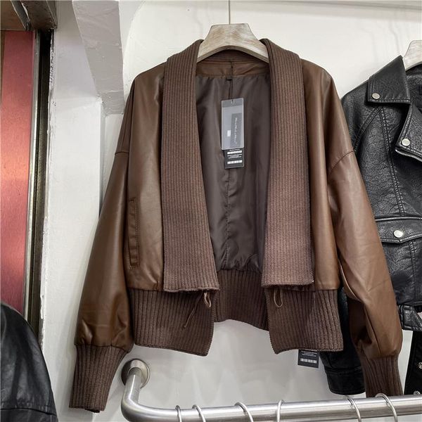 women's leather & faux spring women thread knit stitching pu coat coffee color casual loose stand collar cardigan female biker jacket, Black
women's leather & faux spring women thread knit stitching pu coat coffee color casual loose stand collar cardigan female biker jacket, Black