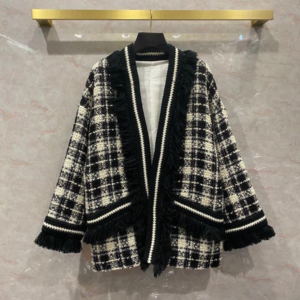 women's wool & blends spring 2021 desinger plaid tweed coat fashion tassels overcoat c841, Black
women's wool & blends spring 2021 desinger plaid tweed coat fashion tassels overcoat c841, Black