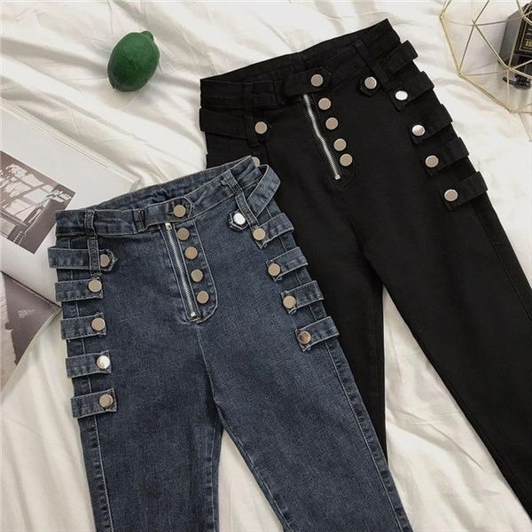 fashion high waist metal women jean buckle tight belly trimming slender skinny stretchy pencil pants cropped punk style, Blue
fashion high waist metal women jean buckle tight belly trimming slender skinny stretchy pencil pants cropped punk style, Blue