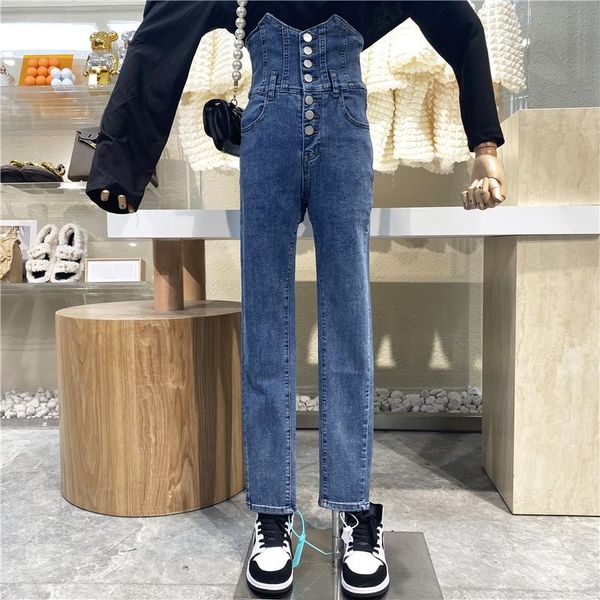 women's jeans brand original design single row multi button irregular high waist slim fit and versatile washed straight leg pants, Blue
women's jeans brand original design single row multi button irregular high waist slim fit and versatile washed straight leg pants, Blue