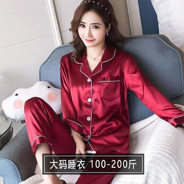 women's sleepwear super large size silk pajamas spring and autumn long-sleeved cardigan for plump girls artificial pure color ice, Black;red 
women's sleepwear super large size silk pajamas spring and autumn long-sleeved cardigan for plump girls artificial pure color ice, Black;red