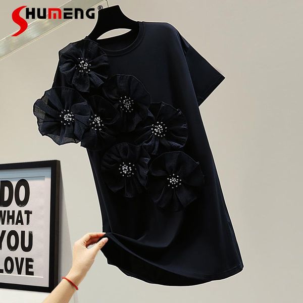 women's t-shirt 2021 summer diamond three-dimensional flower tees mid-length short-sleeved loose slimming beaded for women, White 
women's t-shirt 2021 summer diamond three-dimensional flower tees mid-length short-sleeved loose slimming beaded for women, White