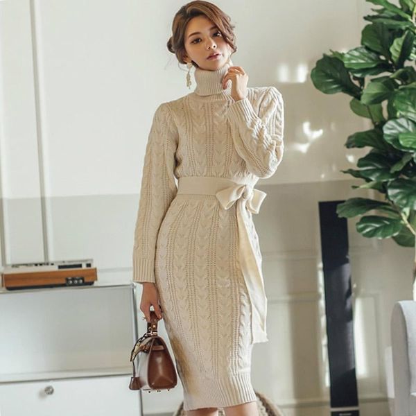 women's sweaters 2021 winter high neck beige knitted vestidos sashes knee-length bodycon full sleeve vintage sweater dress, White;black
women's sweaters 2021 winter high neck beige knitted vestidos sashes knee-length bodycon full sleeve vintage sweater dress, White;black